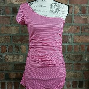 Rue 21 Pink and white stripe one shoulder top ruched XL